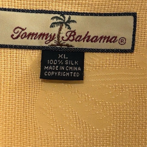 Tommy Bahama Men's XL Yellow Tropical 100% Silk Short Sleeve Button-Up Shirt - Picture 6 of 13